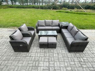 Fimous 10 Seater Wicker PE Rattan Sofa Set Outdoor Patio Garden Furniture with 2 Reclining Chairs Coffee Table Side Table 2 Small Footstools