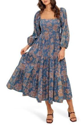 Flying Tomato Floral Balloon Sleeve Chambray Midi Dress at Nordstrom Rack, Size Medium