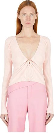 Wynn Hamlyn Stijlvolle V-Hals Gebreide Top - Dames - Longsleeves - Roze - M - Katoen - Tops