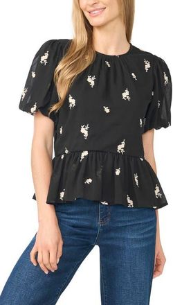 CeCe by Cynthia Steffe Puff Sleeve Ruffle Hem Top in Rich Black at Nordstrom, Size X-Large