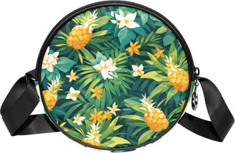 Generic Circle Crossbody Bag for Women, Tropical Pineapple Small Sling Bag Daypack with Zipper Adjustable Shoulder Straps Casual Ladies Girls Round Purse