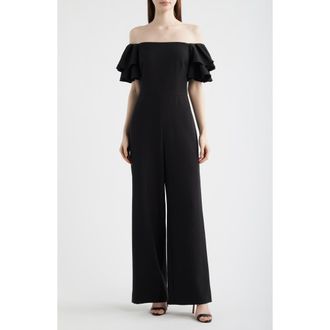 Eliza J Ruffle Sleeve Off the Shoulder Jumpsuit in Black at Nordstrom, Size 12