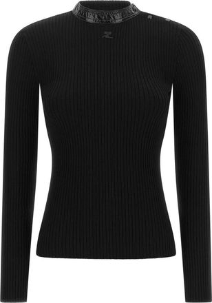 Courr&egrave;ges Schouderknopen Ribgebreide Trui - Dames - Ronde hals truien - Zwart - M - Truien & Vesten