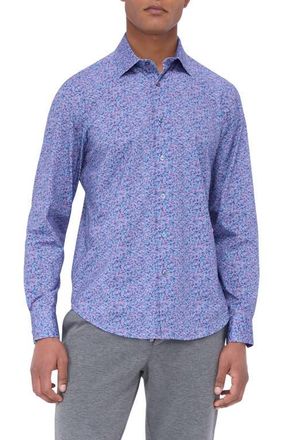 Bugatchi James OoohCotton Leaf Print Button-Up Shirt in Plum at Nordstrom, Size Xxx-Large