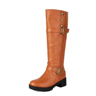 Generic Womens Block Heel Platform Boots with Buckle PU Leather Long Boots Round Toe Knee High Boot with Side Zipper,Yellow,5.5 UK