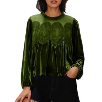 Generic Womens Fashion Velvet Tops Lace Trim Patchwork Velour Blouses Dressy Casual Long Sleeve Round Neck Evening Shirt Army Green