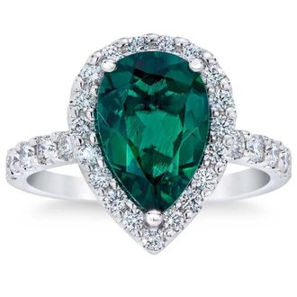 Pompeii3 5Ct Pear Shape Emerald & Lab Grown Diamond Halo Ring in 10k White Gold