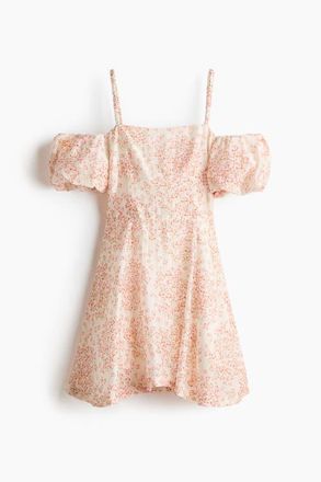 H&M Linen-blend Cold Shoulder Dress in Light Beige/floral at Nordstrom, Size Xx-Large