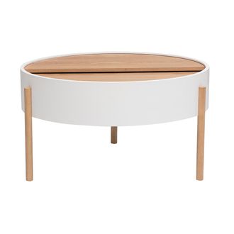 Miliboo Mesa Baja Redonda Blanca Y Madera Clara De Fresno Con Plato Giratorio Y Almacenaje D80 Cm Yoline
