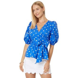 Lilly Pulitzer Kara Top Womens Blue Polka Dot Wrap Front Puff Sleeve FROG242