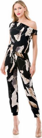 Ariella Off Shoulder Jumpsuit In Black/tan/ivory