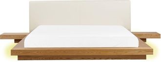 Beliani Cama Moderna 180 X 200 Cm Con Plataforma Led Mesitas De Noche Cabecero De Piel Sint&eacute;tica Mdf Madera De Fresno Natural Zen