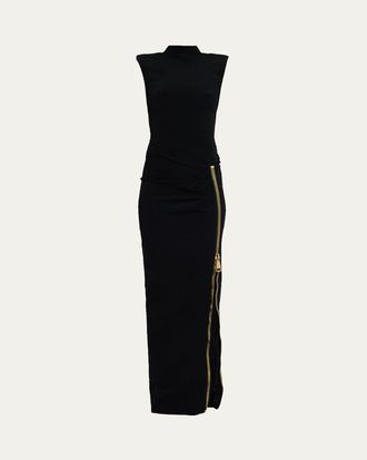 Balmain Mock-Neck Zip Slit Sleeveless Gown