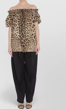 Dolce & Gabbana cotton leopard-print bardot ruffled puff-sleeve blouse