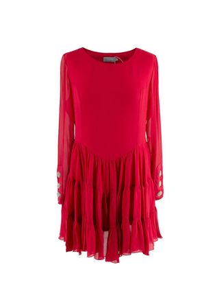 Saloni Red Silk Ruffled Long Sleeved Dress Size S