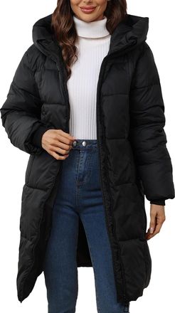 Generic Women Winter Coat Hoodie Long down Quilted Puffer Hoodies Jacket Zip up Thickened Hooded Padded Warm Parka Coat Windproof Outerwear Ladies Longline Li