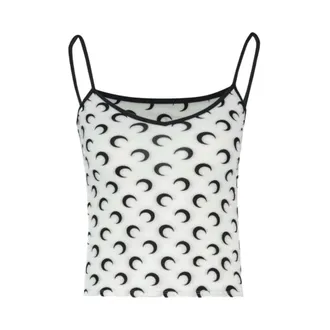 Marine Serre Sleeveless Tops, female, Black, Size: M Moon Printed Jersey Straps Top