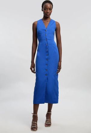 Karen Millen Womens Tailored Linen Corset Back Detail Maxi Dress - Blue Lyocell - Size 16 UK