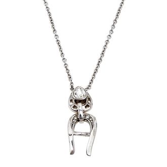 Aigner Silver Tone Crystal Logo Drop Pendant Necklace