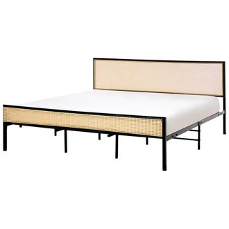 Beliani Cama Moderna De Hierro Con Somier De L&aacute;minas Rat&aacute;n Sint&eacute;tico Trenza Vienesa Cabecero Negro 180 X 200 Cm Avanton