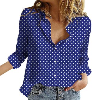 Generic Womens Blouses Button Down V Neck Collared Classic Polka Dot T Shirts Casual Long Sleeve Ladies Tops (Z01-Blue, L)