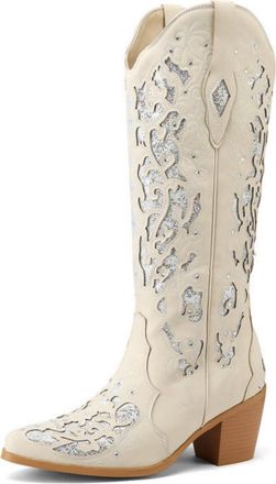 Generic Womens Block High Heel Western Cowboy Boots Pointed Toe PU Leather Long Boots Pull on Knee High Boot with Rhinestone,Apricot,5.5 UK