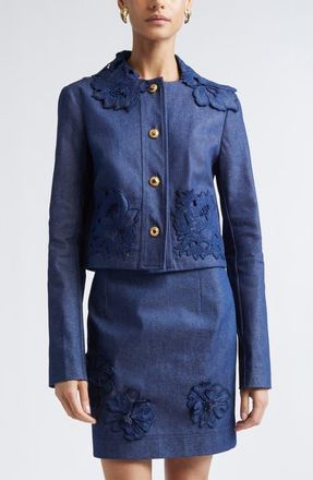 Oscar De La Renta Floral Embroidered Stretch Denim Jacket in Dark Denim at Nordstrom, Size 12