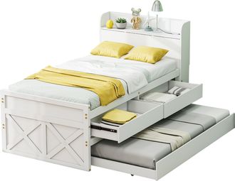 STILVORA Cama Nido 90 X 190 Cm De Madera Maciza, Cama Individual Con Cajones, Mesita De Noche, Usb, Sin Colch&oacute;n, Blanco