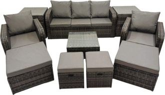 Fimous 3 Seater Sofa Reclining Chair Coffee Table Set Rattan Garden Outdoor Furniture Set with 2 Side Tables 4 Stools Dark Grey Mixed - Fimous