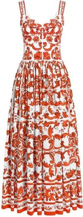 Dolce & Gabbana Majolica-print Lange Poplin Jurk - Dames - Casual kleedjes - Rood - S - Katoen - Kleedjes