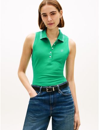 Tommy Hilfiger Womens Slim Fit Sleeveless Script Monogram Polo - Green - XL