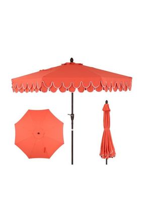 Jonathan Y Designs Tracy Coastal Octagon Aluminum Outdoor Market Patio Umbrella with Scalloped Edge, Crank Lift, Tilt and UV Resistant Canopy in Coral Red at