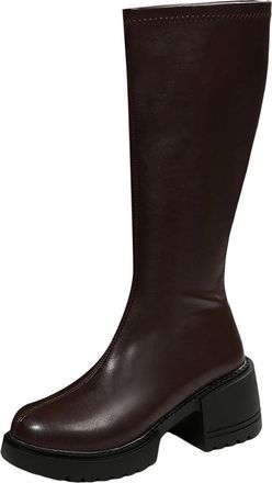 Generic Womens Knee High Boot Square Toe Platform Chunky Heel Stretchy Tall Boots Wide Leg Mid Calf Full Zip Long Boot Stage Performance Footwear Fashion Dres