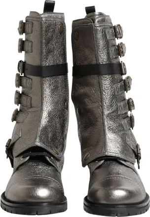 Dolce & Gabbana Metallic Silver Combat Biker Mid Calf Boots Mens Shoes (Pre-Owned)