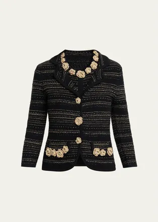 Teri Jon Crochet Floral Applique Striped Knit Jacket