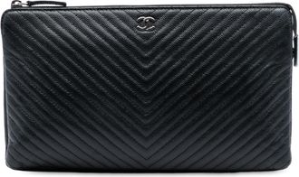 Chanel Black Chevron Caviar Zip Clutch