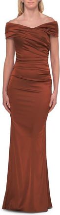 La Femme Off-the-Shoulder Ruched Satin Evening Gown in Copper at Nordstrom, Size 12
