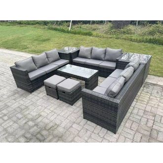 Fimous Outdoor Rattan Garden Furniture Lounge Sofa Set With Oblong Rectagular Coffee Table 2 Stools And 2 Side Table - Fimous