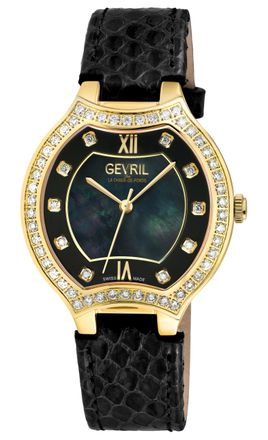 Gevril Group WoMens Lugano Swiss Diamond Black MOP Dial Genuine Italian Handmade Leather Watch - One Size