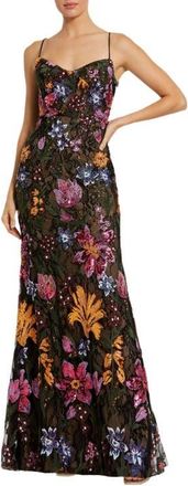 Mac Duggal Spaghetti Strap Floral Embroidered Gown in Black Multi at Nordstrom, Size 12