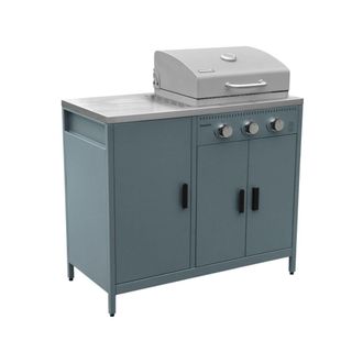 Sweeek Barbacoa de gas de 3 quemadores con 3 puertas y term&oacute;metro, azul gris
