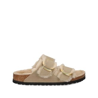 Birkenstock Sliders, female, Brown, Size: 6 US Arizona Big Buckle Shearling Narrow Fit