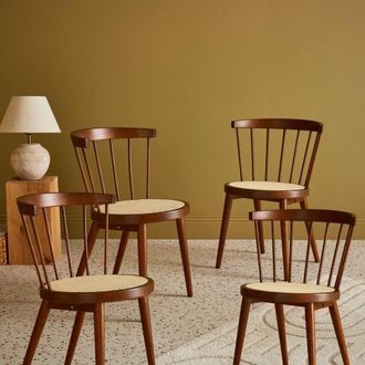 Sweeek Set Of 4 Wooden & Caned Chairs in Brown
