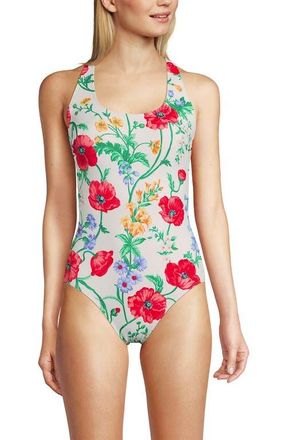 Lands End Chlorine Resistant Scoop Neck X-Back High Leg Soft Cup Tugless Sporty One Piece Swimsuit in Egret/poppy Floral at Nordstrom, Size 16