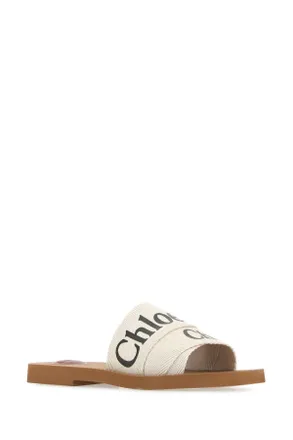 Chlo&eacute; Womens Ivory Linen Woody Slippers 101 Flat Shoes