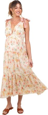 Pinkblush Floral Shoulder Tie Deep V-Neck Tiered Maxi Dress in Cream at Nordstrom, Size Medium