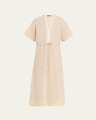 Kiton Drawstring Metallic Check Linen Midi Dress