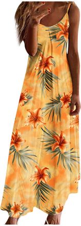 Generic Women Strappy Summer Dress Casual Bohemian Maxi Dresses Vintage Floral Print Flowy Beach Holiday Dresses V Neck Sleeveless Summer Boho Long Sundress L