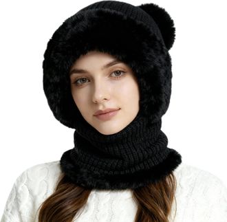 Generic 3 in 1 Hat for Women Winter Cap with Neck Warmer Scarf Mask Hats for Outdoor Skiing Hiking Winter Snow Caps Plush Hat Black