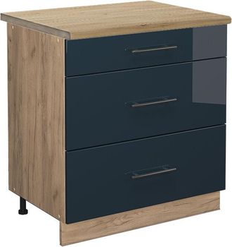 Vicco Mueble Bajo De Cocina Fame-line, Azul Oscuro Alto Brillo, 80 Cm Con 3 Cajones, Et Roble